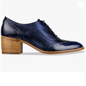 FOWT Women's Perforated Lace-Up Oxfords Mid Chunky Heel Derby Shoes Blue Shoes